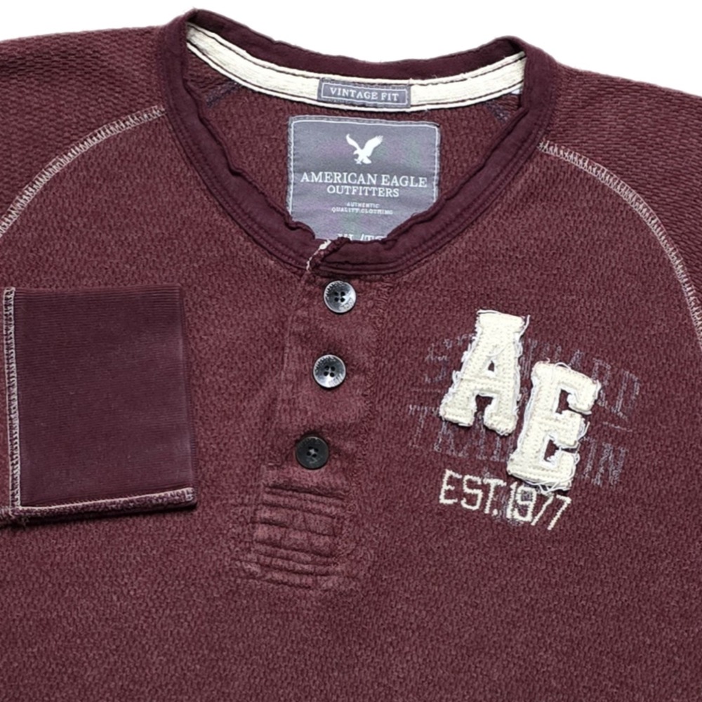 Y2K American Eagle Mens Vintage Fit Henley Waffle Knit Mens XL Maroon Mallcore